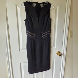 Karen Millen Black Sheath Dress 8 Fishnet Mesh Cut Outs Knee Length